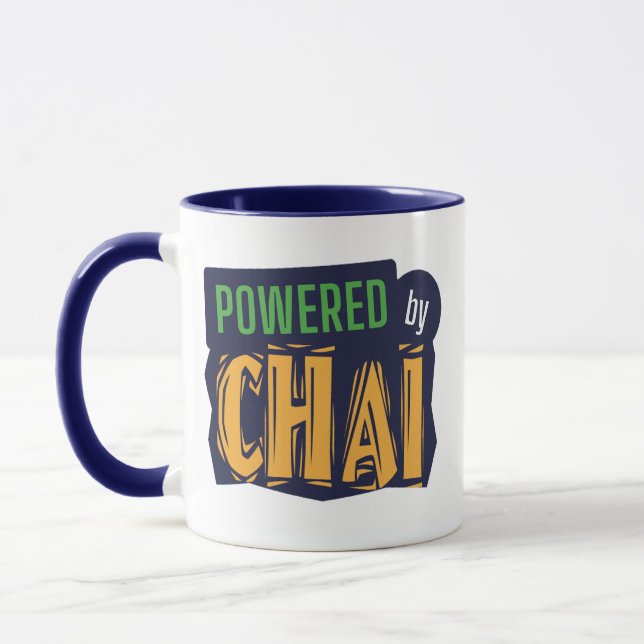 Funny "Powered by Chai" Mug - Indian Food Pun Cup (Left)