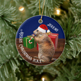 Funny Prairie Dog in Santa Hat Ceramic Ornament