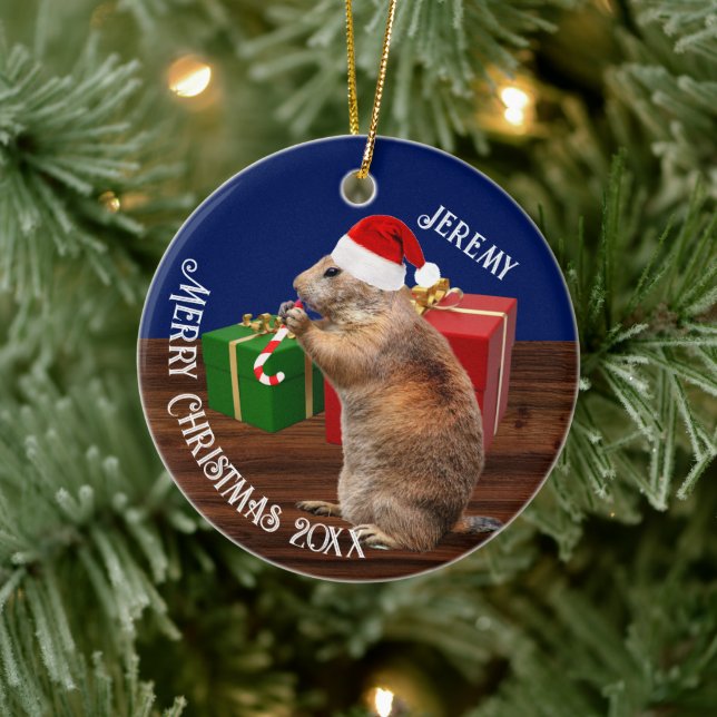 Funny Prairie Dog in Santa Hat  Ceramic Ornament (Tree)