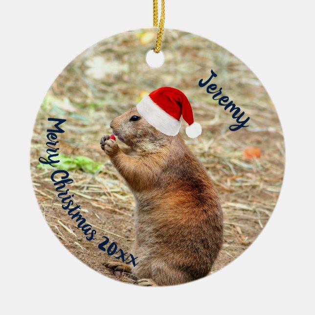 Funny Prairie Dog in Santa Hat Ceramic Ornament (Front)