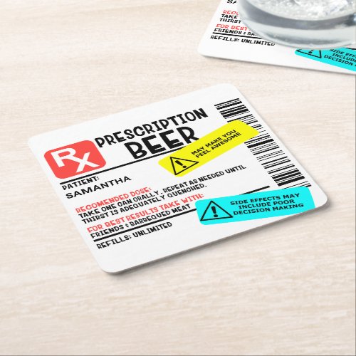 Funny Prescription Beer Warning Label Personalizd Square Paper Coaster