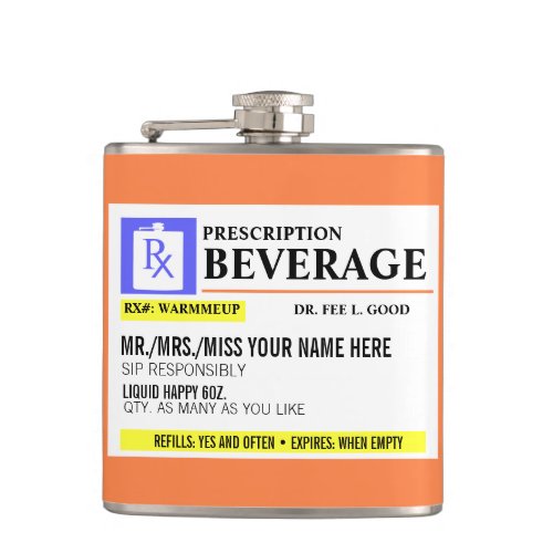 Funny Prescription Label Beverage Flask - Funny "prescription" label on this great stainless steel flask.  Customize the name for a perfect gift!