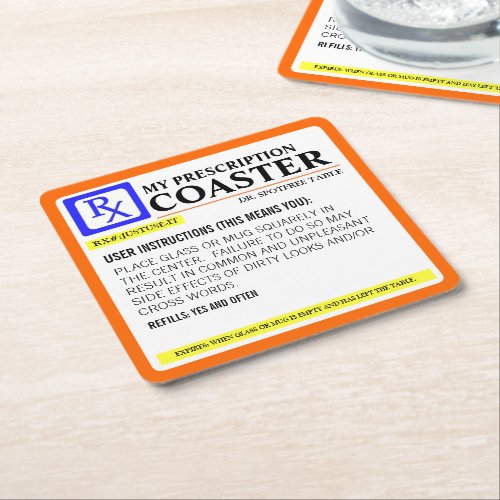 Funny Prescription Label Square Paper Coaster - Great prescription label design for these reusable coasters