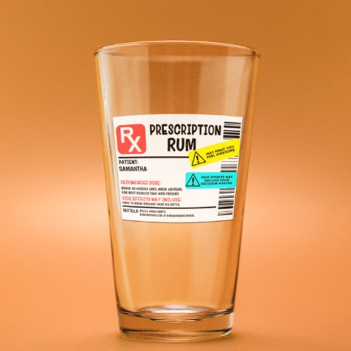 Funny Prescription Rum Warning Label Personalized  Glass