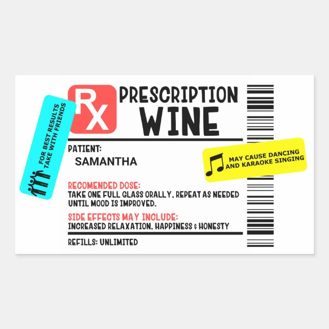 Funny Prescription Wine Warning Label Personalized (Front)