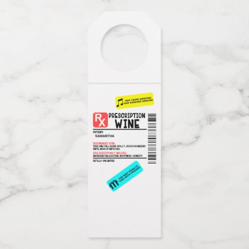 Funny Prescription Wine Warning Label Personalized Bottle Hanger Tag