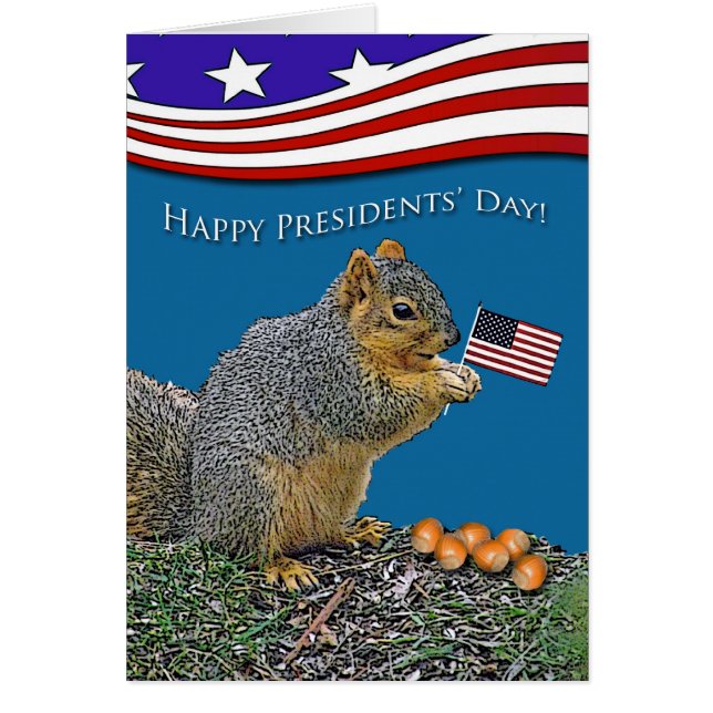 Funny Presidents' Day, Squirrel With Flag and Nuts Cards (Front)