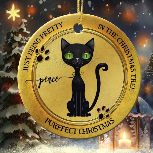 Funny Pretty Black Kitty Gold Christmas Ceramic Ornament