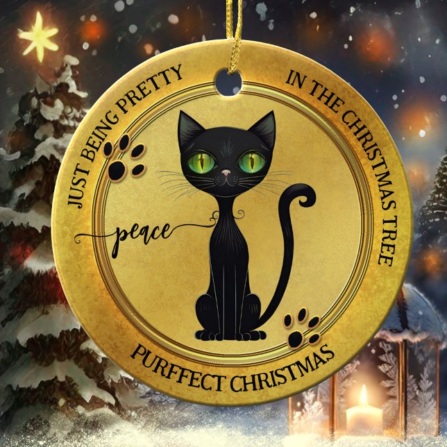 Funny Pretty Black Kitty Gold Christmas Ceramic Ornament (Elegant artistic Christmas ornament featuring a cute black kitty on pretty gold)