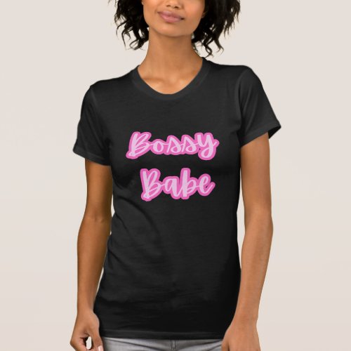 Funny Pretty Pink Bossy Babe Text Outline Womens T_Shirt