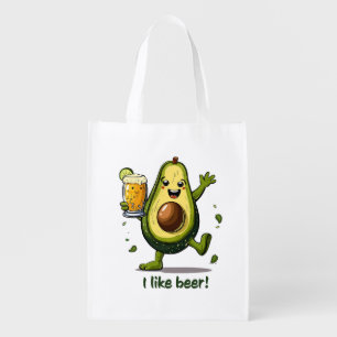 funny print with a green cartoon avocado character grocery bag