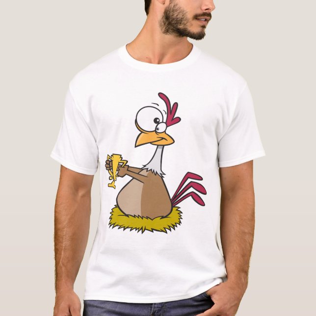 Funny Prize Chicken Holding Gold Trophy T-Shirt (Front)