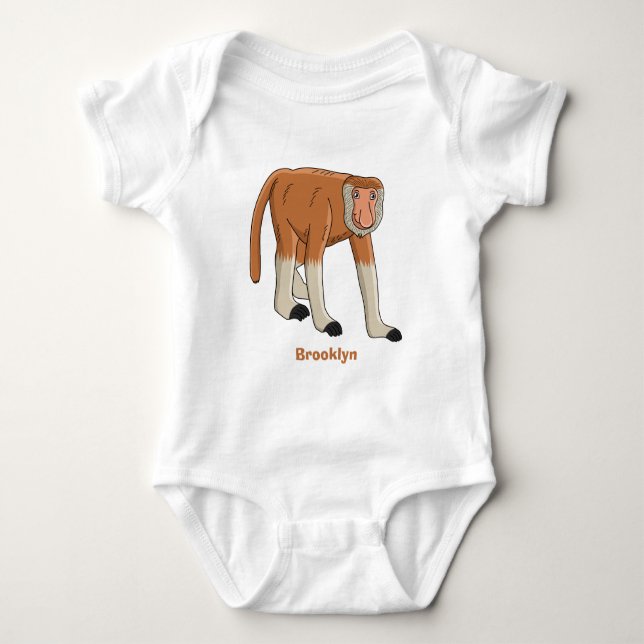 Funny proboscis monkey cartoon illustration baby bodysuit (Front)