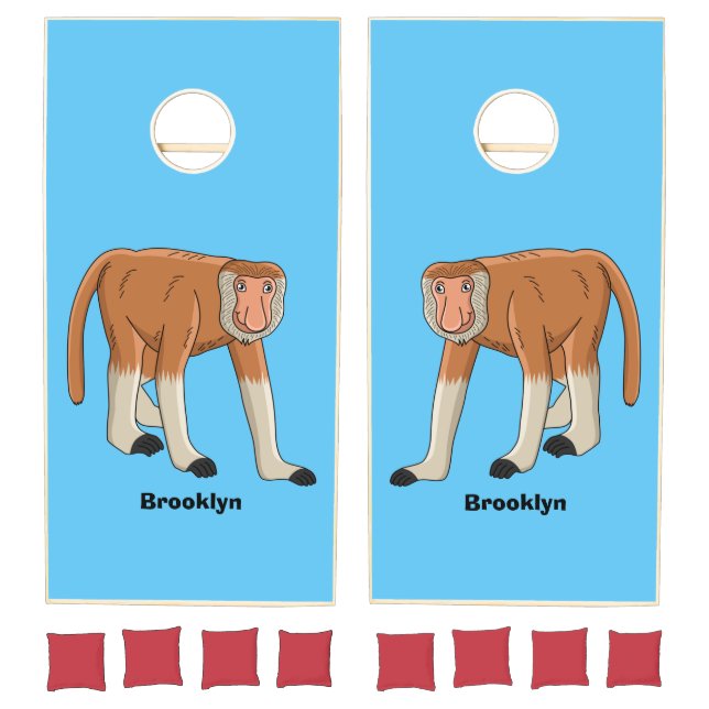 Funny proboscis monkey cartoon illustration cornhole set (Set)