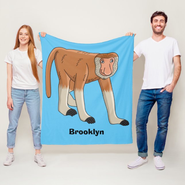 Funny proboscis monkey cartoon illustration fleece blanket (In Situ)