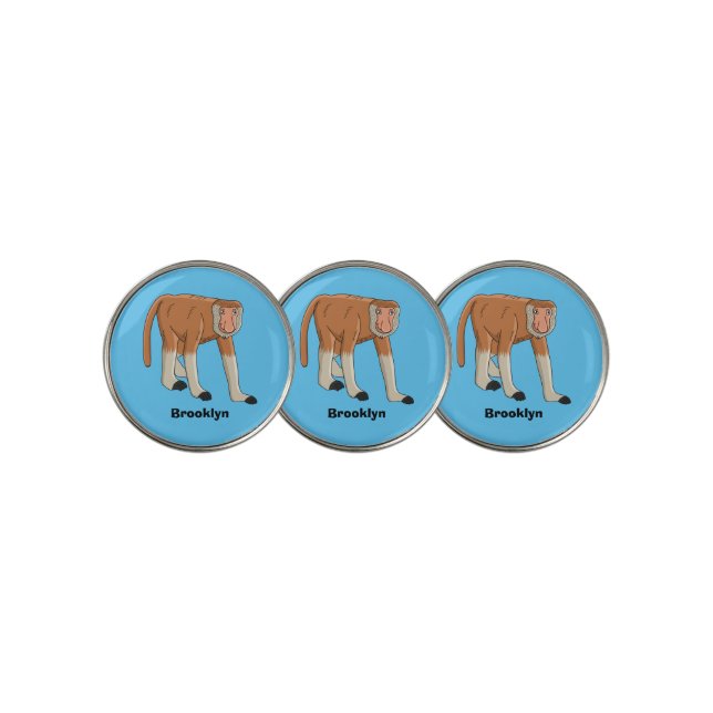 Funny proboscis monkey cartoon illustration golf ball marker (3 Up)