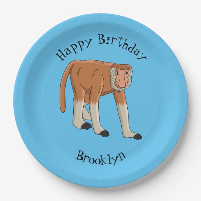 Funny proboscis monkey cartoon illustration paper plates (Front)