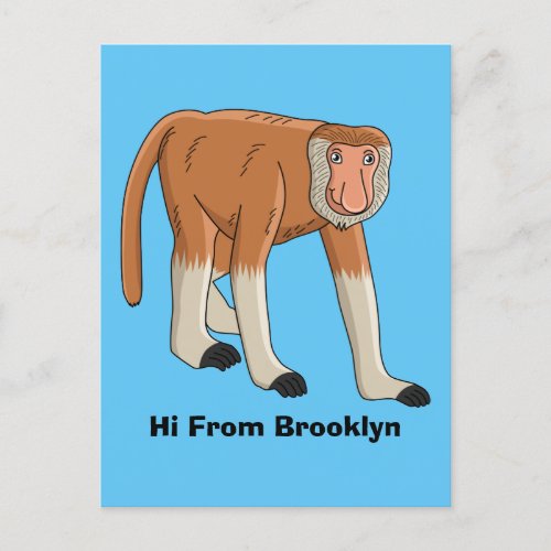 Funny proboscis monkey cartoon illustration postcard