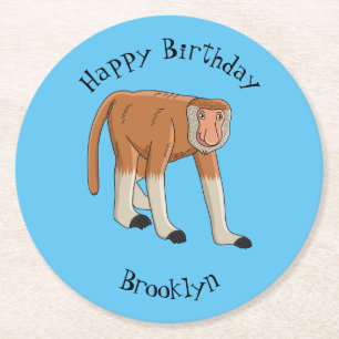 Funny proboscis monkey cartoon illustration round paper coaster