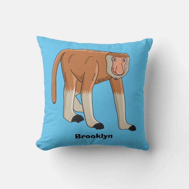 Funny proboscis monkey cartoon illustration throw pillow (Front)