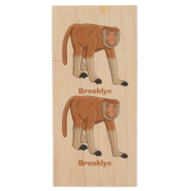 Funny proboscis monkey cartoon illustration wood flash drive (Front Vertical)