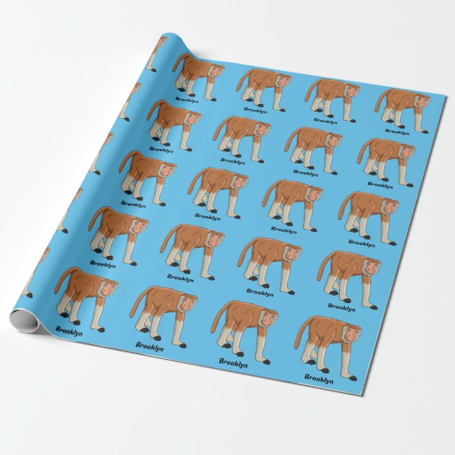 Funny proboscis monkey cartoon illustration wrapping paper (Unrolled)