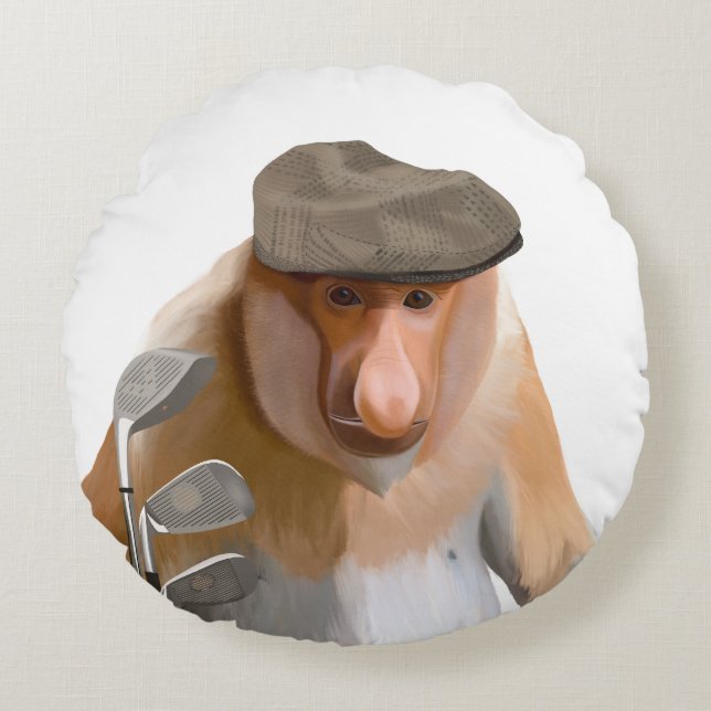 Funny Proboscis Monkey Golfer Round Pillow (Front)