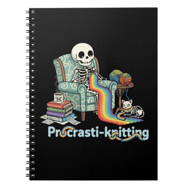  Funny Procrasti-knitting Skeleton and Cat with  Notebook (Front)