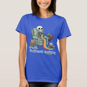  Funny Procrasti-knitting Skeleton and Cat with  T-Shirt