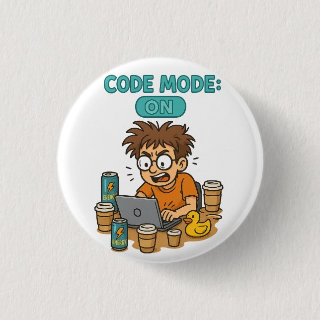 Funny Programmer Cartoon with "Code Mode: ON"  Button (Front)