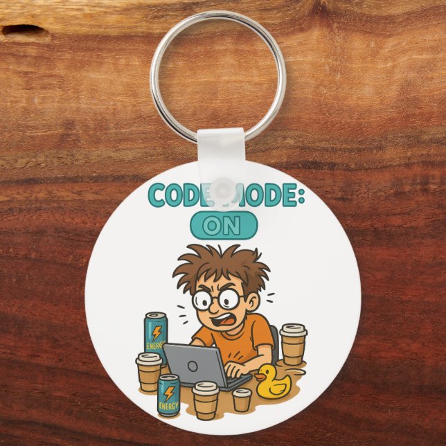 Funny Programmer Cartoon with "Code Mode: ON"  Keychain (Front)
