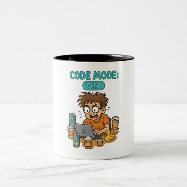 Funny Programmer Cartoon with "Code Mode: ON"  Two-Tone Coffee Mug (Center)