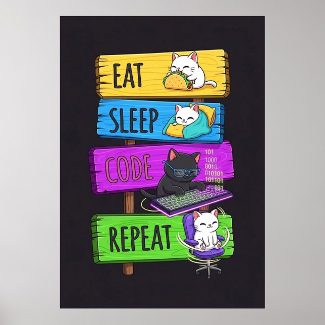 Funny Programmer Cat Eat Sleep Code Repeat Wall Po Poster (Front)