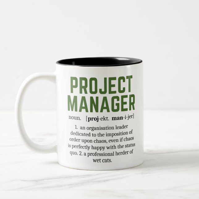 Funny Project Manager Dictionary Definition, Humor Two-Tone Coffee Mug (Left)