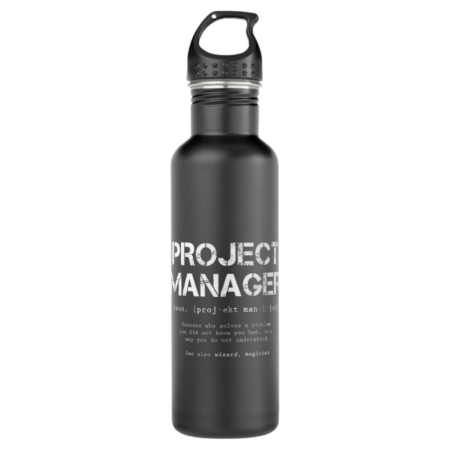 Funny Project Manager Dictionary Definition Stainless Steel Water Bottle (Front)