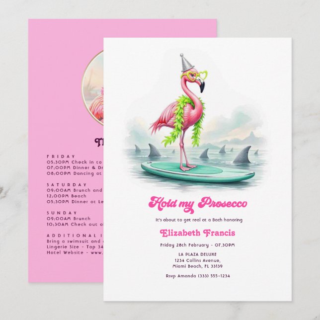 Funny Prosecco Flamingo Beach Bachelorette Weekend Invitation (Front/Back)