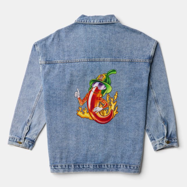 Funny Proud Firefighter Chili On Fire Gives Thumbs Denim Jacket (Back)
