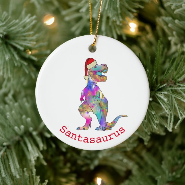 Funny Psychedelic Tyrannosaurus Rex Santa Dinosaur Ceramic Ornament (Tree)