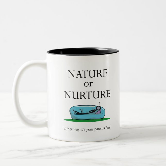 Funny Psychology Nature or Nurture Parent's Fault Two-Tone Coffee Mug (Left)
