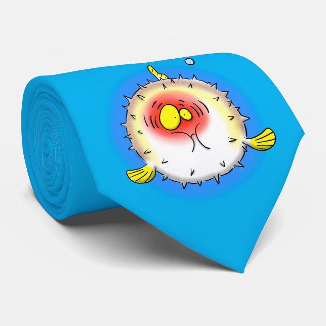 Funny puffer fish cartoon neck tie (Rolled)