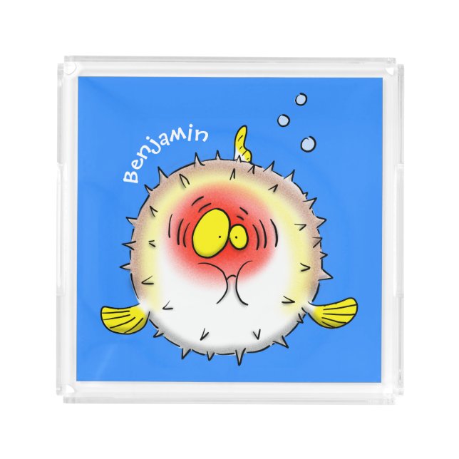 Funny puffer fish porcupine fish cartoon acrylic tray (Front)