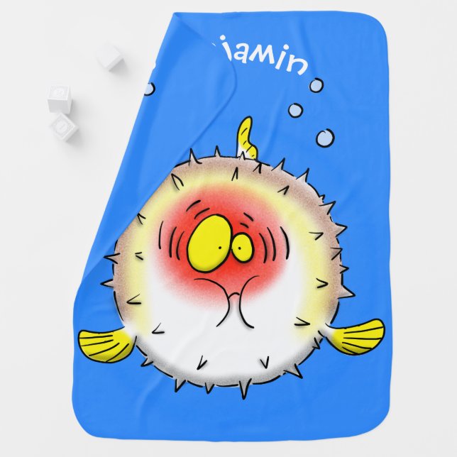 Funny puffer fish porcupine fish cartoon baby blanket (In Situ)