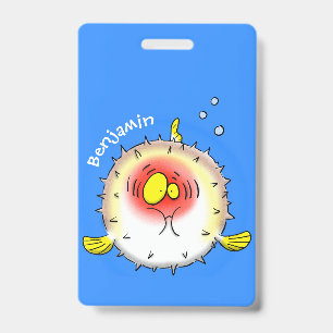 Funny puffer fish porcupine fish cartoon badge