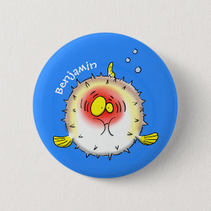 Funny puffer fish porcupine fish cartoon button