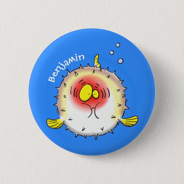 Funny puffer fish porcupine fish cartoon button (Front)