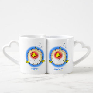 Funny puffer fish porcupine fish cartoon coffee mug set