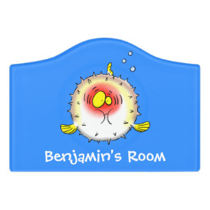 Funny puffer fish porcupine fish cartoon door sign