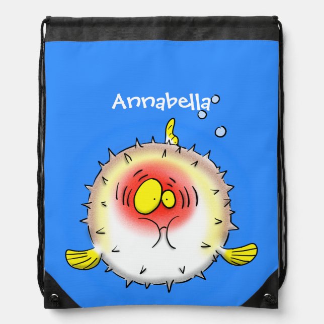 Funny puffer fish porcupine fish cartoon drawstring bag (Front)