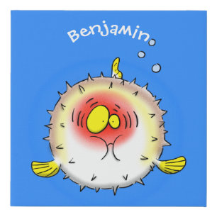 Funny puffer fish porcupine fish cartoon faux canvas print