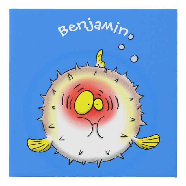 Funny puffer fish porcupine fish cartoon faux canvas print (Front)